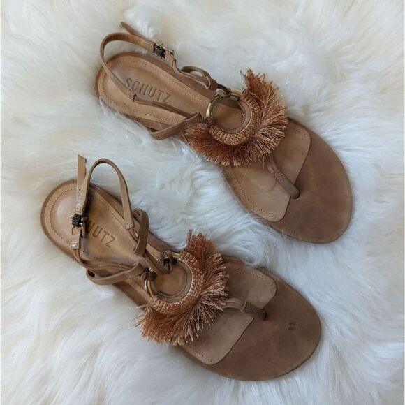 Schutz boho fringe ring flat sandals light brown tan leather 8 - Picture 1 of 6